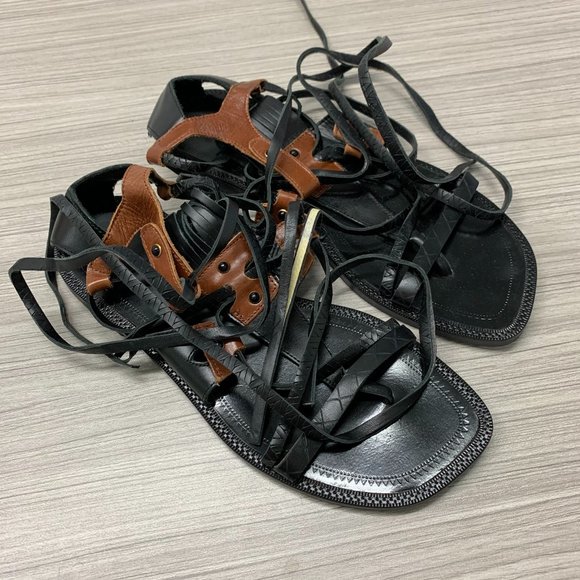 Zara Gladiator Leather Sandals Black Size 7